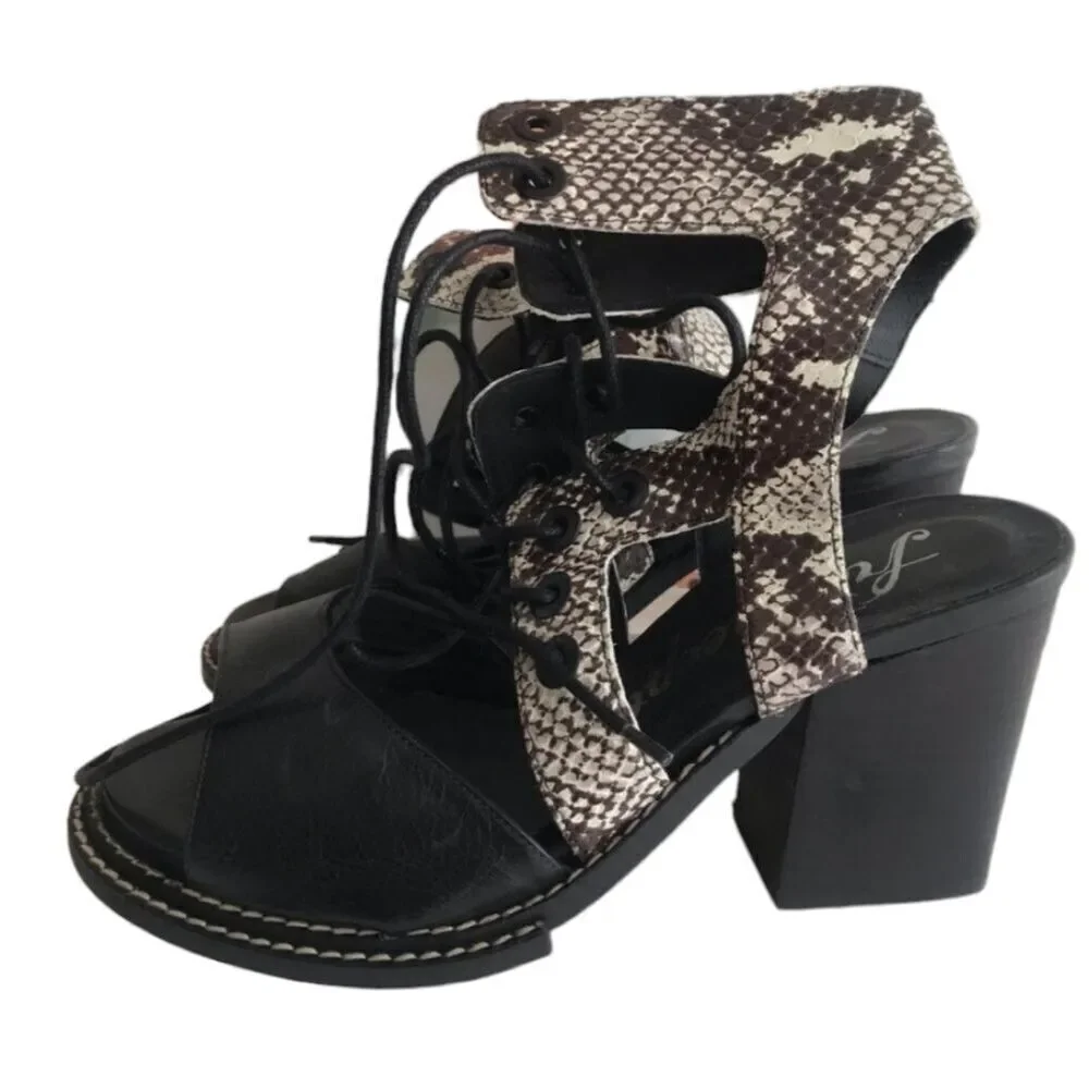 Free People Snake Print Lennon Leather Sandal Block Heel Lace Up Cutout 39